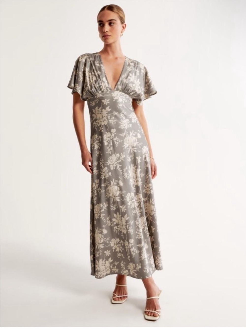 Abercrombie & Fitch Flutter Sleeve Satin Maxi Dress in Grey Floral Deep V Neck
